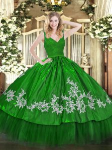 Admirable Green V-neck Neckline Beading and Appliques Sweet 16 Dresses Sleeveless Zipper