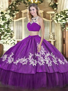 Hot Selling Floor Length Two Pieces Sleeveless Purple Sweet 16 Quinceanera Dress Backless
