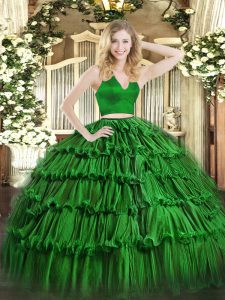 Best Selling Green Organza Zipper Sweet 16 Dresses Sleeveless Floor Length Ruffled Layers