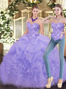 Exquisite Lavender Zipper Quinceanera Gowns Appliques and Ruffles Sleeveless Floor Length