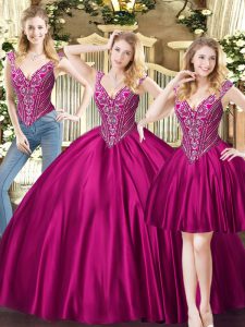 Sleeveless Floor Length Beading Lace Up Ball Gown Prom Dress with Fuchsia