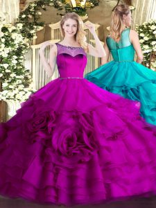 Floor Length Fuchsia Ball Gown Prom Dress Organza Sleeveless Beading and Ruffled Layers