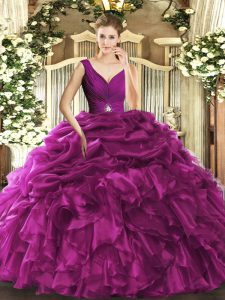 Stylish Fuchsia Sleeveless Organza Backless Quinceanera Gown for Sweet 16 and Quinceanera