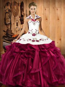 Modest Fuchsia Sleeveless Embroidery and Ruffles Floor Length Ball Gown Prom Dress