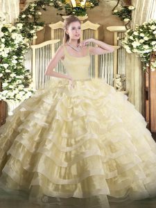 Glorious Gold Quinceanera Dresses Military Ball and Sweet 16 and Quinceanera with Beading and Ruffled Layers Straps Sleeveless Zipper