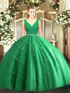 Floor Length Zipper Sweet 16 Dress Green for Military Ball and Sweet 16 and Quinceanera with Beading