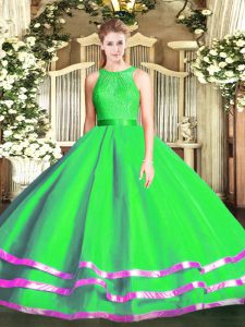 Green Ball Gowns Scoop Sleeveless Tulle Floor Length Zipper Lace 15th Birthday Dress