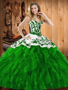 Elegant Green Ball Gowns Embroidery and Ruffles Quince Ball Gowns Lace Up Satin and Organza Sleeveless Floor Length