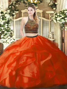 Halter Top Sleeveless 15 Quinceanera Dress Floor Length Beading and Ruffles Orange Red Organza