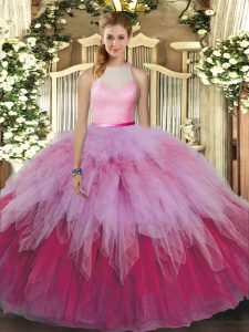 Artistic High-neck Sleeveless Backless Quince Ball Gowns Multi-color Tulle