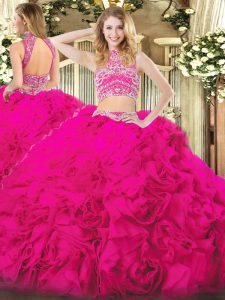 Fitting Sleeveless Tulle Floor Length Backless Quinceanera Gown in Hot Pink with Beading and Ruffles