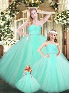 Sleeveless Floor Length Beading and Lace Lace Up Sweet 16 Dress with Apple Green