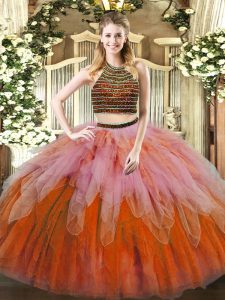 Exceptional Floor Length Multi-color 15 Quinceanera Dress Halter Top Sleeveless Lace Up