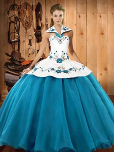 Floor Length Teal Sweet 16 Dresses Satin and Tulle Sleeveless Embroidery