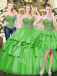 Great Floor Length Lace Up Ball Gown Prom Dress Green for Military Ball and Sweet 16 and Quinceanera with Beading and Ruffled Layers