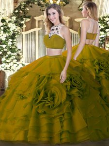 Affordable Olive Green Sleeveless Tulle Backless Quinceanera Dress for Military Ball and Sweet 16 and Quinceanera