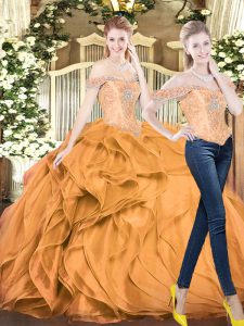 Eye-catching Ball Gowns Ball Gown Prom Dress Orange Red Off The Shoulder Organza Sleeveless Floor Length Lace Up
