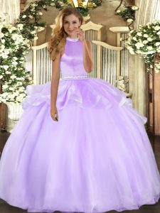 Floor Length Backless Quinceanera Gowns Lavender for Military Ball and Sweet 16 and Quinceanera with Beading and Ruffles