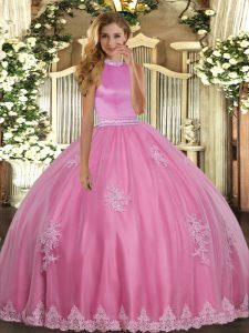 Rose Pink Backless Vestidos de Quinceanera Beading and Appliques Sleeveless Floor Length