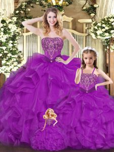 Super Sweetheart Sleeveless Lace Up 15th Birthday Dress Purple Organza