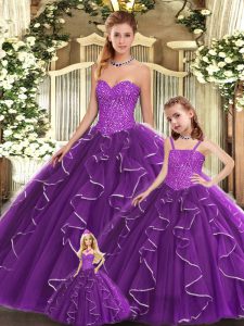 Sleeveless Organza Floor Length Lace Up Quinceanera Dress in Purple with Beading and Ruffles