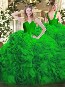 Sleeveless Fabric With Rolling Flowers Floor Length Zipper Sweet 16 Dresses in Green with Ruffles