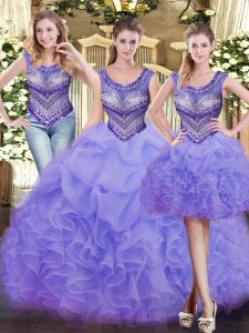 Superior Floor Length Lace Up Quinceanera Gown Lavender for Military Ball and Sweet 16 and Quinceanera with Beading and Ruffles