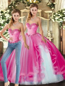 Amazing Fuchsia Two Pieces Ruffles Ball Gown Prom Dress Lace Up Organza Sleeveless Floor Length