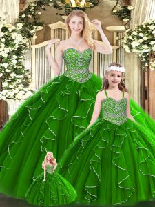 Most Popular Green Sleeveless Beading and Ruffles Floor Length Quinceanera Dress