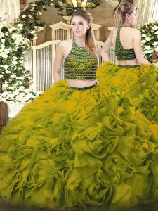 Free and Easy Floor Length Two Pieces Sleeveless Olive Green Quinceanera Dress Zipper
