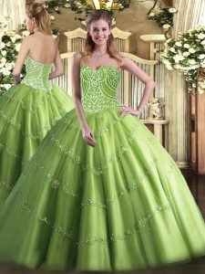 Hot Sale Olive Green Tulle Lace Up Sweetheart Sleeveless Floor Length 15 Quinceanera Dress Beading