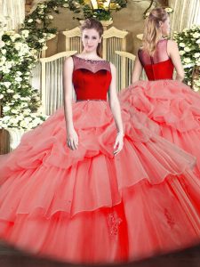 Modest Organza Scoop Sleeveless Zipper Beading and Appliques Sweet 16 Quinceanera Dress in Watermelon Red