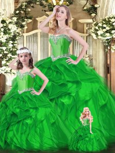 New Arrival Green Organza Lace Up Vestidos de Quinceanera Sleeveless Floor Length Beading and Ruffles
