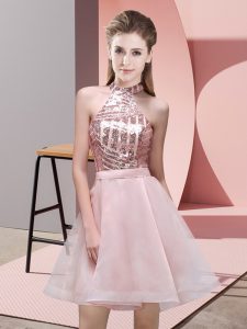 Latest A-line Dama Dress for Quinceanera Pink Halter Top Chiffon Sleeveless Mini Length Backless