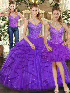 Modest Purple Straps Lace Up Beading and Ruffles Ball Gown Prom Dress Sleeveless