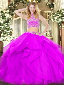 Purple Backless High-neck Beading and Ruffles 15 Quinceanera Dress Tulle Sleeveless