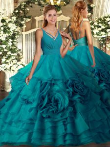 Teal Ball Gowns V-neck Sleeveless Fabric With Rolling Flowers Floor Length Backless Ruffles 15 Quinceanera Dress