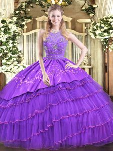 Spectacular Sleeveless Satin and Tulle Floor Length Zipper Sweet 16 Dress in Lavender with Beading and Embroidery and Ruffled Layers