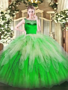 Graceful Green Organza Zipper Scoop Sleeveless Floor Length Sweet 16 Quinceanera Dress Beading and Ruffles