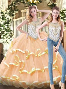 High Quality Peach Sleeveless Floor Length Beading and Ruffled Layers Zipper Quinceanera Gowns