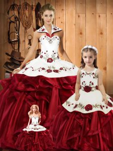 Wine Red Satin and Organza Lace Up Halter Top Sleeveless Floor Length Ball Gown Prom Dress Embroidery and Ruffles