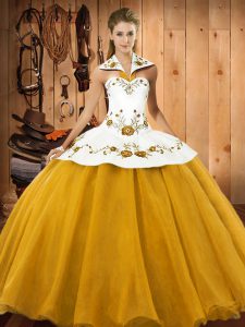Cute Embroidery Sweet 16 Dress Gold Lace Up Sleeveless Floor Length