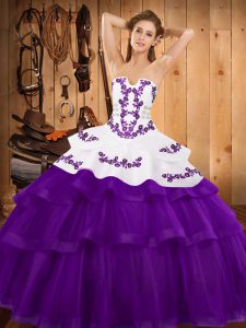 Ideal Purple Strapless Lace Up Embroidery and Ruffled Layers Ball Gown Prom Dress Sweep Train Sleeveless