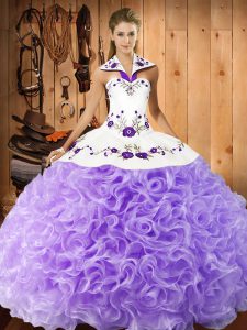 Lavender Lace Up Halter Top Embroidery Sweet 16 Dress Fabric With Rolling Flowers Sleeveless