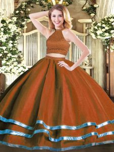 Sumptuous Rust Red Sleeveless Tulle Backless Quinceanera Dress for Military Ball and Sweet 16 and Quinceanera