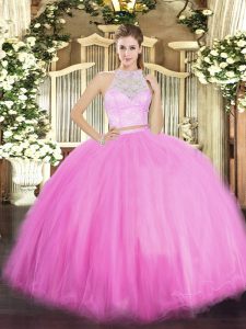 Rose Pink Sleeveless Lace Floor Length Sweet 16 Dress