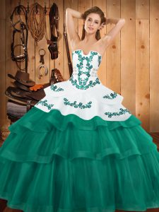 Turquoise Quinceanera Gowns Military Ball and Sweet 16 and Quinceanera with Embroidery and Ruffled Layers Strapless Sleeveless Sweep Train Lace Up