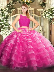 Scoop Sleeveless Ball Gown Prom Dress Floor Length Lace and Ruffled Layers Fuchsia Organza