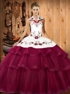 Glittering Fuchsia Sleeveless Embroidery and Ruffled Layers Lace Up 15 Quinceanera Dress