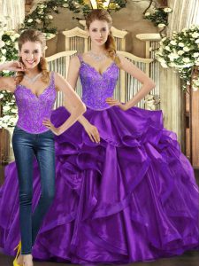 Adorable Straps Sleeveless Ball Gown Prom Dress Floor Length Beading and Ruffles Purple Organza